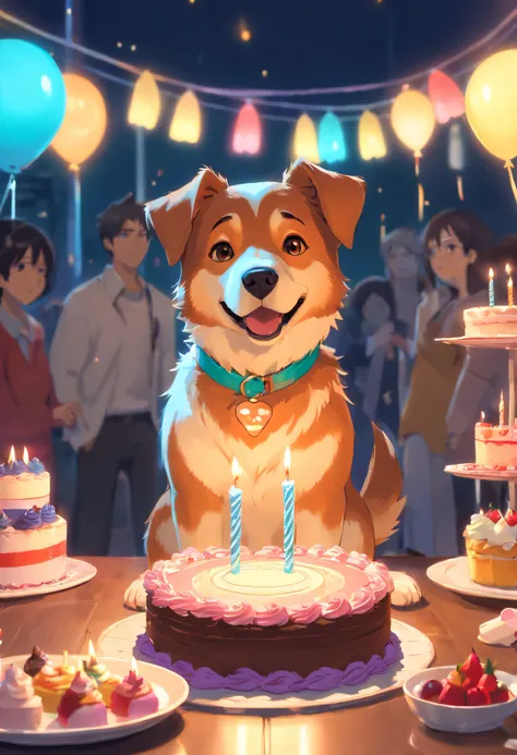 ONE DOG BIRTHDAY PARTY, ULTRA REALISTIC DOG IN 8K, SUPER DETAILS AND VIBRANT COLORS, IMAGE WITHOUT RESIDUE, IMAGE WITHOUT ERRORS, IMAGE WITHOUT TWO HEADS, IMAGE WITHOUT DOUBLE-SIDED, ENVIRONMENT DETAILS SUPER WORKED, CAKE AND CANDLES SUPER DETAILED,