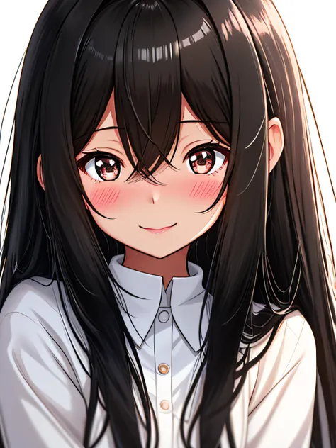 Close-up of woman with black long hair, simple schoolgirl anime girl with black long hair, whitebackground, the anime, Shy, White Skin Skin, Shy, delicate features,Subtle facial expression,Innocent,Sparkling eyes,rosy cheeks,Detailed hair strands,floting h...