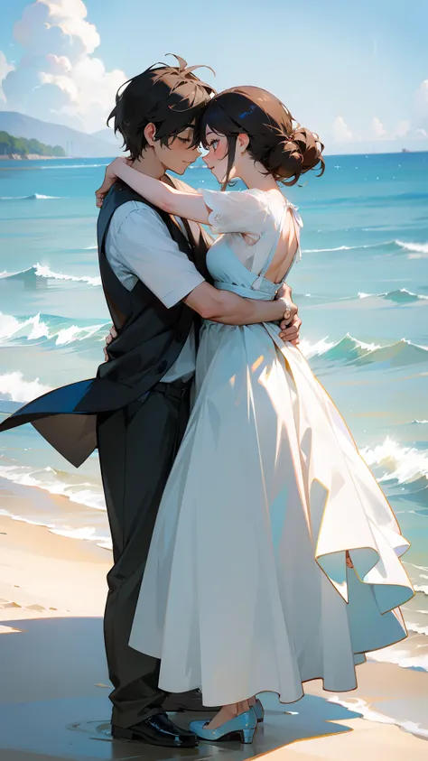 ((Masterpiece,Best quality,modern)), depiction：In the picture，A young couple hugging each other，There was deep love in their eyes。The surroundings are a sunny beach，with blue sky and white clouds，Fine sand and waves set off the figure of the two。Their expr...