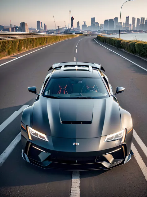 (best quality,ultra-detailed,high-res,photo-realistic),sleek matte black sports car,futuristic design,motion blur,shiny metallic highlights,aggressive angular lines,aerodynamic curves,reflective surfaces,cityscape background,powerful engine,futuristic LED ...