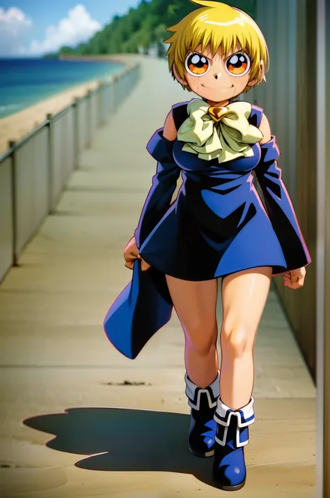 ((masterpiece, best quality)),solo,young girl, 1girl, full body, orange eyes, blonde hair, short hair, zatch, black cloack, white bow, big eyes, blue footwear, walking, beach,, 1girl, tallgirl,smile, big breast,Mature Female, height 2.0 meters, mod sleeves