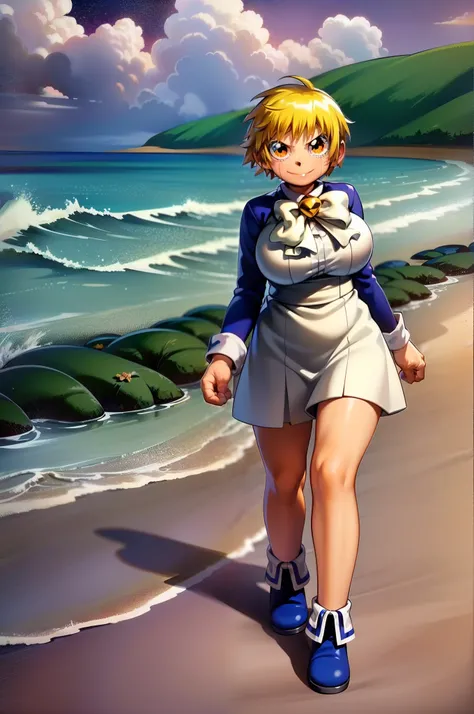 ((masterpiece, best quality)),solo,young girl, 1girl, full body, orange eyes, blonde hair, short hair, zatch, black cloack, white bow, big eyes, blue footwear, walking, beach,, 1girl, tallgirl,smile, big breast,Mature Female, height 2.0 meters, mid sleeves