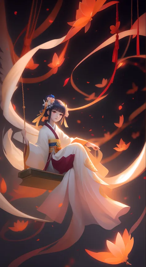 Anime girl sitting on swing wearing light goose yellow dress，Silvery-white glowing fireflies, Palace ， A girl in Hanfu, Anime art wallpaper 8 K, Beautiful digital artwork, Anime art wallpaper 4k, Anime art wallpaper 4 K, style of anime4 K, A flowing light ...