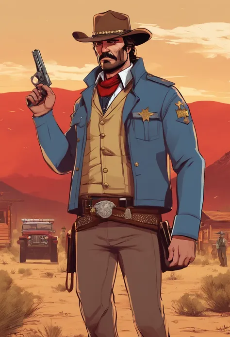 Red Dead Redemption 2 illustration style，Sheriff Curtis Malloy，Wear a Nevada hat,Khaki coat，Blue vest and white shirt,Nothing but a mustache,shaven face,sheriff badge, masterpiece,  digital artwork, key art. HD, sheriff coat. In a town. Sheriff coat, easte...