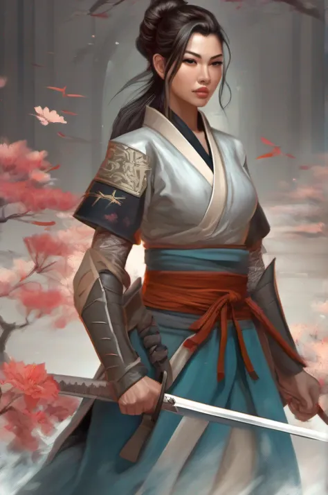 uma mulher em uma roupa de quimono segurando uma espada e uma flor, inspirado em Magali Villeneuve, female samurai, the front of a trading card, she is holding a katana sword, Masayoshi Suto e Artgerm, Graphic artist Magali Villeneuve, artgerm detalhado, q...