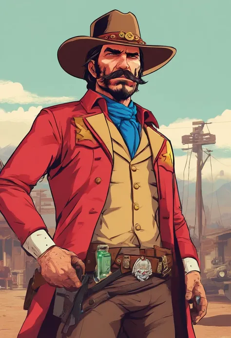 Red Dead Redemption 2 illustration style，a parrot man，Wear a Nevada hat,Khaki coat，Blue vest and white shirt,Nothing but a mustache,shaven face,sheriff badge, masterpiece,  digital artwork, key art. HD, sheriff coat. In a town