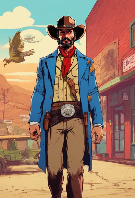 Red Dead Redemption 2 illustration style，a parrot man，Wear a Nevada hat,Khaki coat，Blue vest and white shirt,Nothing but a mustache,shaven face,sheriff badge, masterpiece,  digital artwork, key art. HD, sheriff coat. In a town