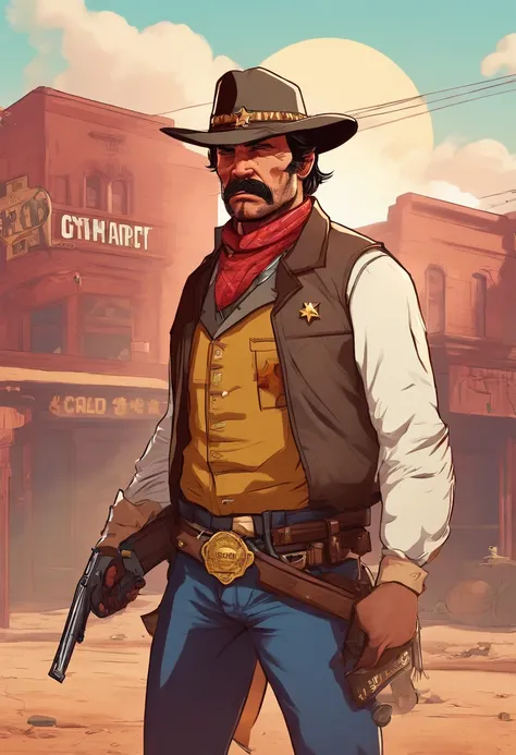 Red Dead Redemption 2 illustration style，Sheriff Curtis Malloy，Wear a Nevada hat,Khaki coat，Blue vest and white shirt,Nothing but a mustache,shaven face,sheriff badge, masterpiece,  digital artwork, key art. HD, sheriff coat. In a town. Sheriff coat, easte...