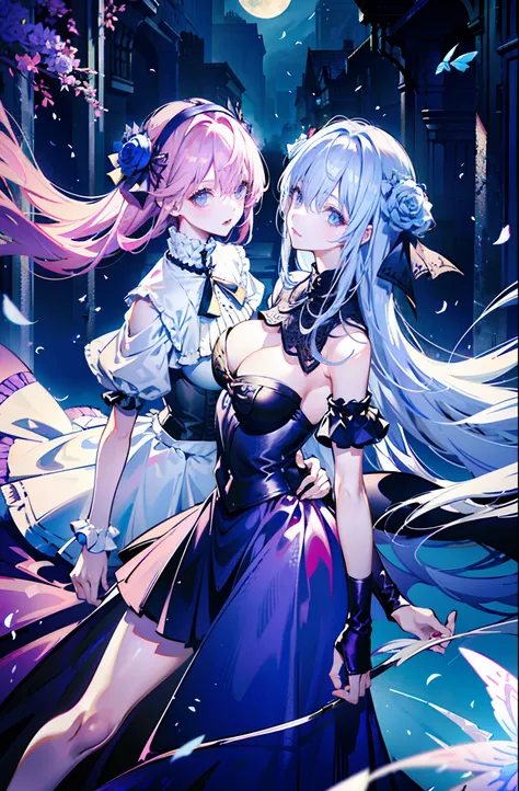 ((On the streets of the Middle Ages，2 girls，Twin sisters))，silber hair，butterflys，long whitr hair，8k wallpaper，detailedbackground，Highest high resolution，deep v big breasts，Hair over eyes，Bandeau，Purple roses，tight-fitting，themoon，stocklings，