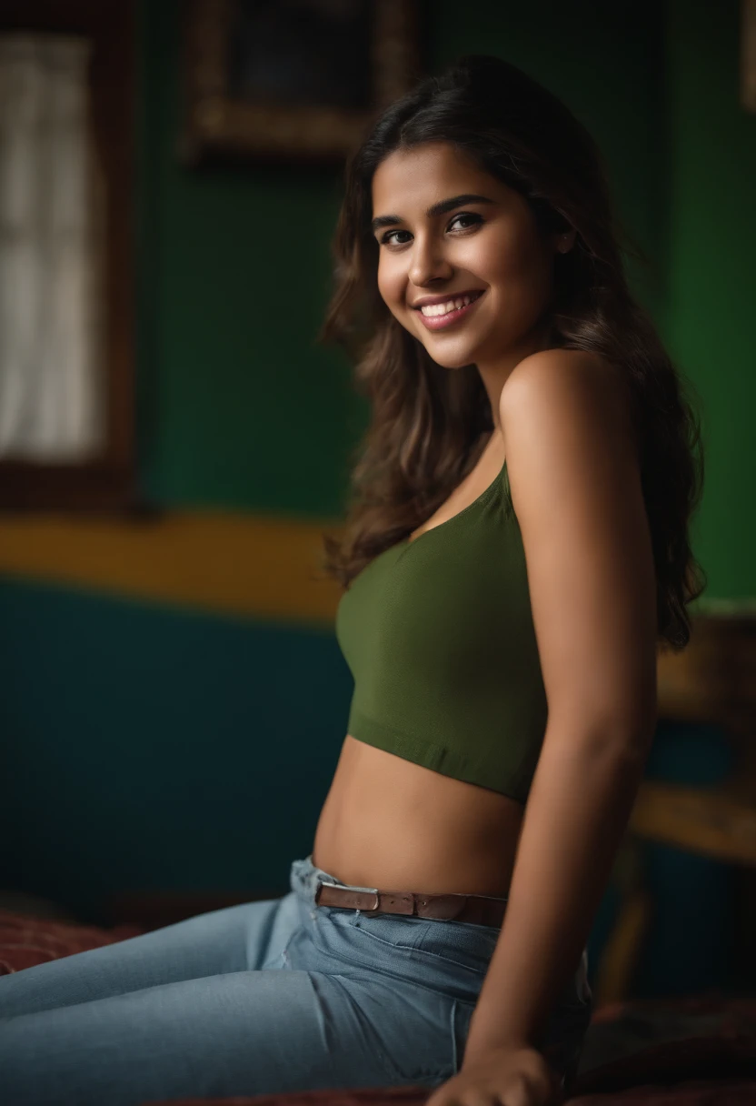 Please describe in detail a high-quality image of a 19-year-old Latina girl living in Bogotá. In the image, the girl wears a smiling and authentic expression in her room. His green eyes shine with a special charm. She wears an outfit that highlights her cu...