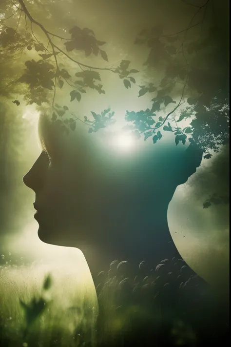 Create a compelling double exposure photograph that seamlessly merges the presence of a man and the wonders of nature. Capture the harmony between the human form and the natural world, using light and shadow to accentuate their connection and create a visu...