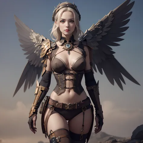 American Shot, Beautiful Steampunk Girl, Steampunk Fantasy, Front View, (Looking At Camera), A Beautiful Steampunk Goddess, (Small Chest), Small Hips, Walking Towards Camera, Steampunk Digital Art, Mechanized Valkyrie Girl