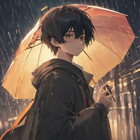 black haired, male, masked, holding umbrella, light black eyes, light rain background