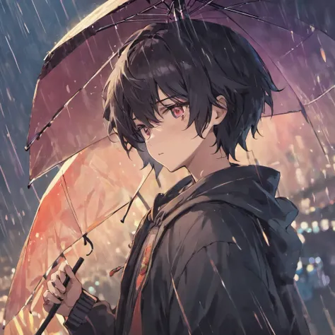 black haired, male, masked, holding umbrella, light black eyes, light rain background