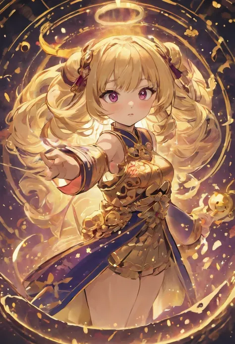 Kizi. Her figure, , Curvy, The right direction,, Long blonde hair color, Deep magenta eyes, white skinned, gold nugget，gold foil, Dressed in black and gold Hanfu, largeeyes。The ground is covered with gold coins。full bodyesbian，standing on your feet，golden ...