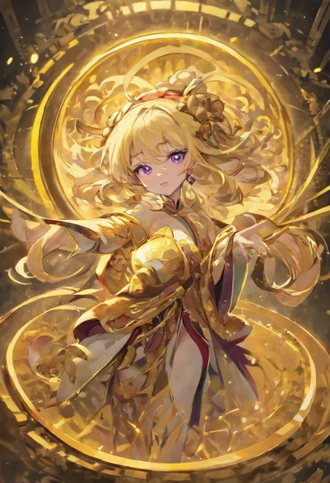 Kizi. Her figure, , Curvy, The right direction,, Long blonde hair color, Deep magenta eyes, white skinned, gold nugget，gold foil, Dressed in black and gold Hanfu, largeeyes。The ground is covered with gold coins。full bodyesbian，standing on your feet，golden ...