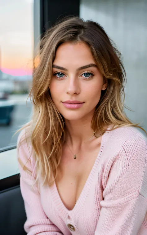 beautiful blonde wearing pink sweater (sipping coffee inside a modern café at sunset), very detailed, 21 years old, innocent face, natural wavy hair, blue eyes, high resolution, masterpiece, best quality, intricate details, highly detailed, sharp focus, de...