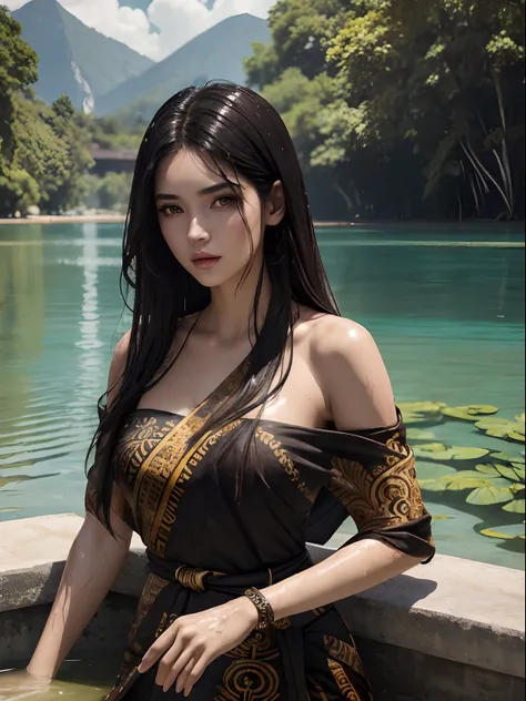 (A beautiful 25 years old female model bathing in the lake:1.6), (long black hair:1.2), (pale skin, detailed oily and sweaty skin:1.2), (wearing brown and black tube top style sarong dress with batik ornate:1.6), (lake background:1.2), (sexy pose:1.2), nat...