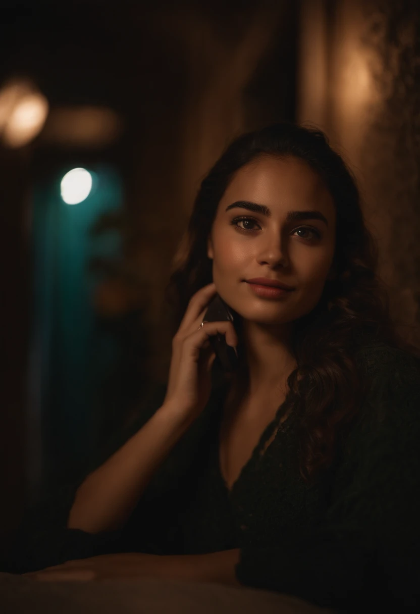 Por favor, Describes in detail a high-quality image depicting a 19-year-old Latina girl. The image appears to be a selfie taken by the young woman herself in her room in Bogotá during the night.. En la imagen, The girl radiates joy and confidence, with a s...