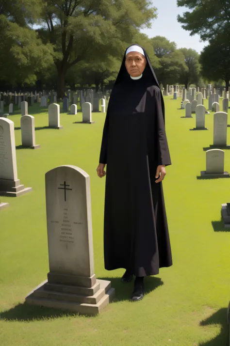 A nun without a face in a cemetery