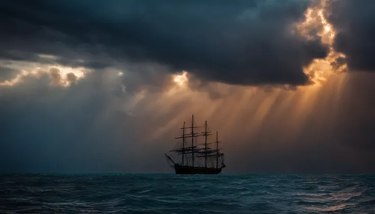 imagem de um navio pirata em uma tempestade em alto mar, A sky with dark clouds and angry sea