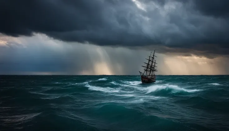 imagem de um navio pirata em uma tempestade em alto mar, A sky with dark clouds and angry sea