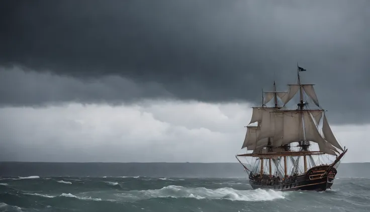 imagem de um navio pirata em uma tempestade em alto mar, A sky with dark clouds and angry sea