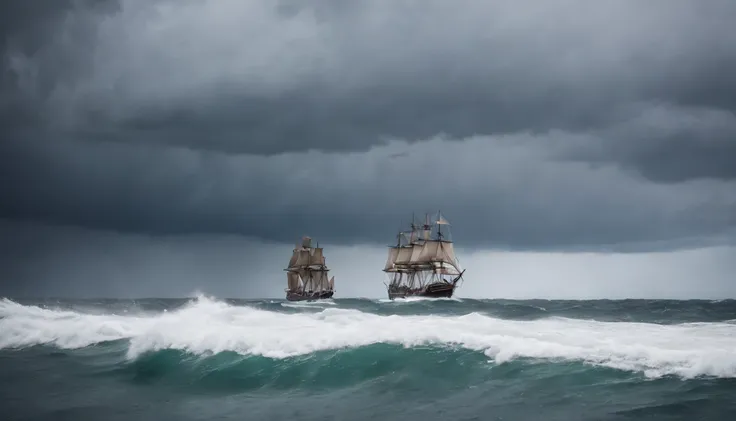 imagem de um navio pirata em uma tempestade em alto mar, A sky with dark clouds and angry sea