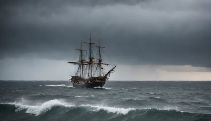 imagem de um navio pirata em uma tempestade em alto mar, A sky with dark clouds and angry sea