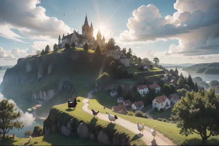 A medieval town on a hill in a flying island surrounded by clouds, trees, goats and chickens. Big birds flying in the sky. Illuminated by morning sunlight. Highly detailed, dreamy, whimsical, high resolution. Slightly tilted, slightly high point of view, g...