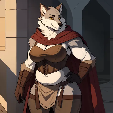 Chubby_muscular_timberwolf female gray_furry_body yellow_eyes thick_fur very_fluffy light_steel_armor steel_breastplate brown_tunic brown_gloves brown_corset brown_loincloth brown_pants traveling_cloak solo Masterpiece best_quality absurdres highly_detaile...