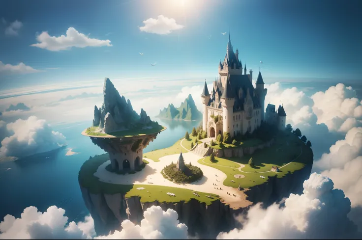 Irregular shaped flying island surrounded by a sea of clouds, some trees and romantic art nouveau castle in the island, goats and chickens. Big birds flying in the sky. Illuminated by morning sunlight. Highly detailed, dreamy, whimsical, high resolution. B...