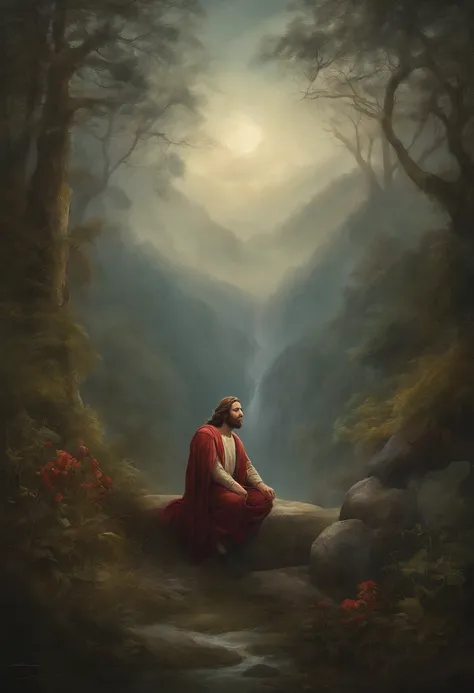 Jesus Cristo, kneeling praying to the heavens, diante de um orisonte lindo, com o sol se pondo, in connection with the divine, foto retrato, Directed by: Drew Tucker, Directed by: Adam Marczyński, Directed by: Alexandre Kucharsky, Directed by: Gavin Nolan,...