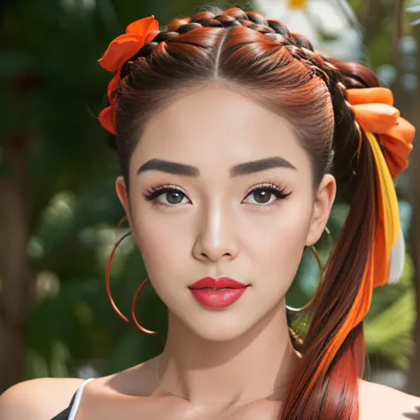 hyper-realistic portrait of amazing korean kpop idol with white braided ponytail, full sleeve koi fish tattoo and red lips, usan...