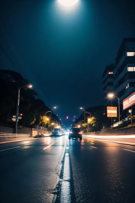 estrada de uma cidade vazia, em movimento, in the nighttime, There are lights and the image is not clear because of the movement