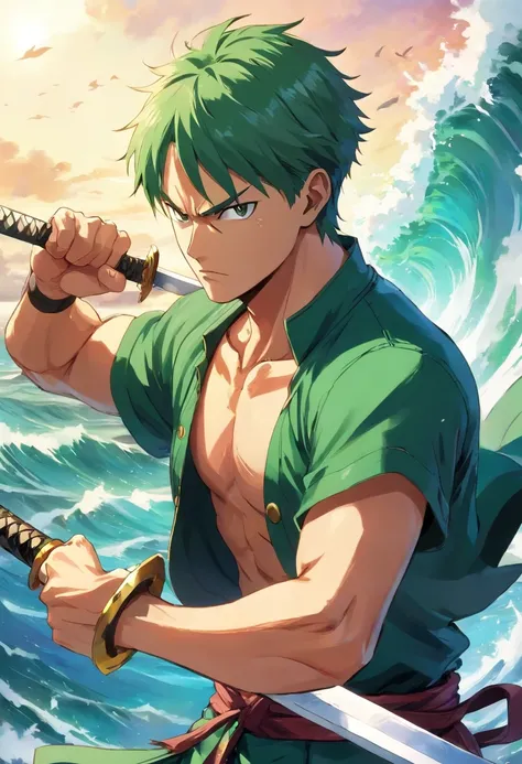 "Generate an image of Roronoa Zoro, a character from the popular anime and manga series One Piece. Zoro is a skilled swordsman and a member of the Straw Hat Pirates. He is known for his distinctive green hair, bandana, and three swords style. Depict Zoro i...