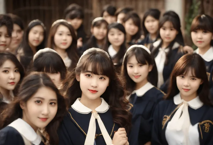 Cute High School Girl　校服　A dark-haired　40 people　in group photograph　sepia