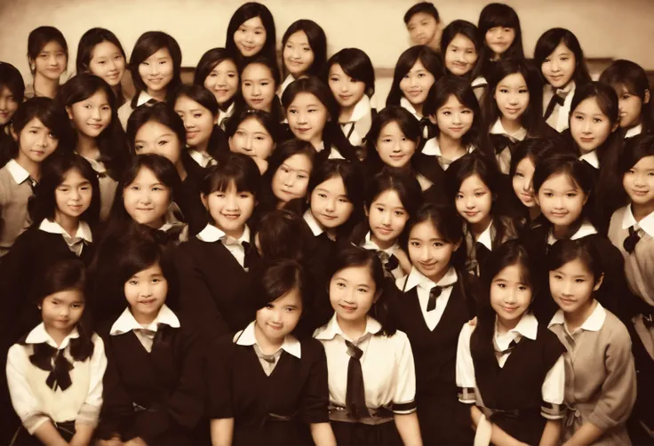 Cute High School Girl　校服　A dark-haired　40 people　in group photograph　sepia