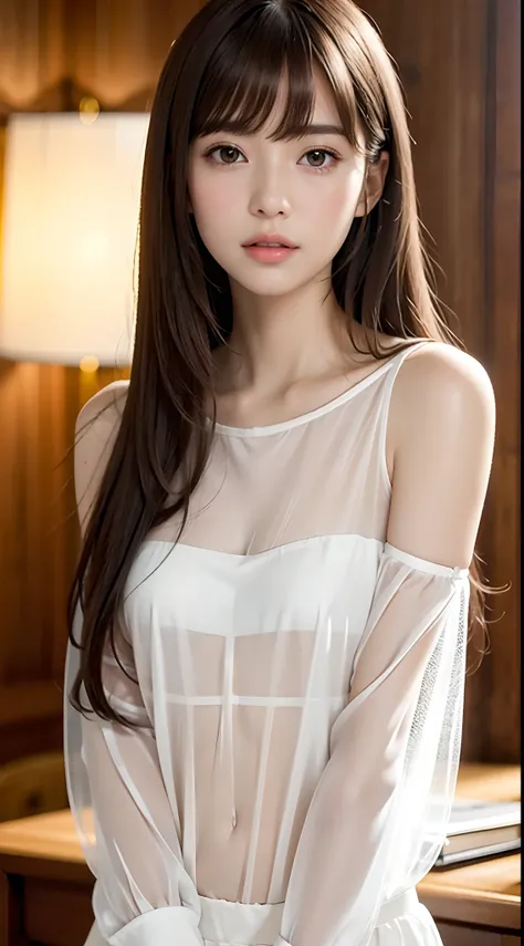 1womanl, up of face, mideum breasts, light brown hair, Blunt bangs, hair behind ear, hair over shoulder, Long hair, slender body shape, Ultra Fine Face, Thin face, Delicate lips, Beautiful eyes, thin blush, eyes are light brown, perfect glossy skin, flawle...