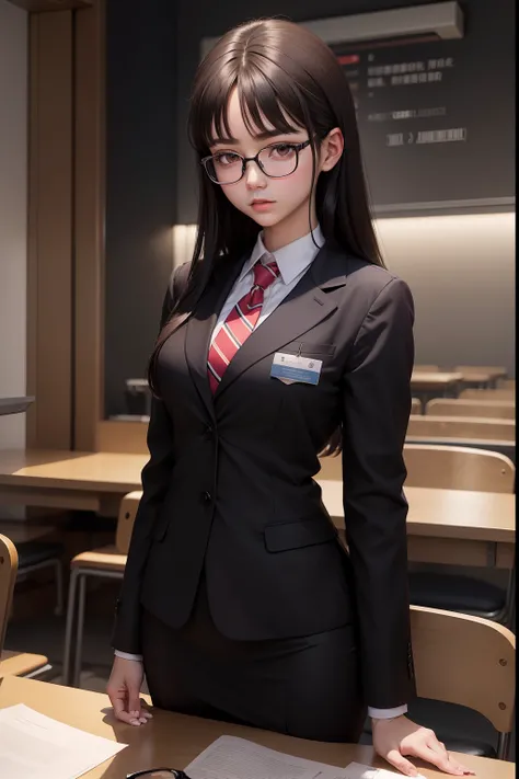 A dark-haired　eye glasses　Mini Uniform　chairman　Looks like its going to tear　female high-school student