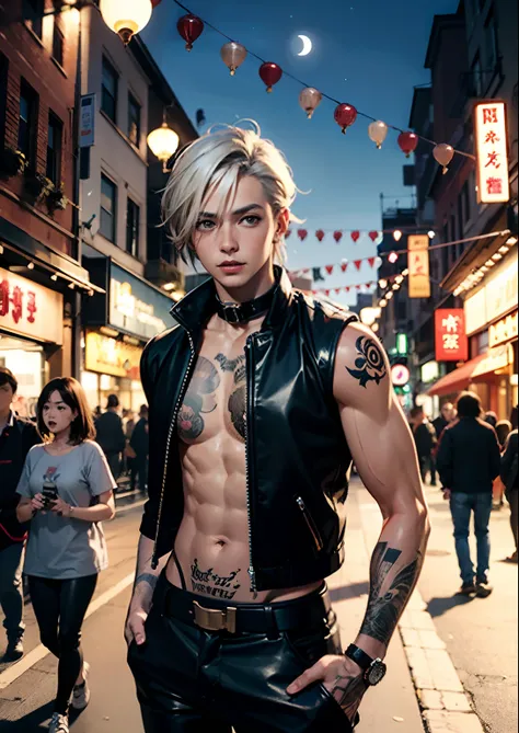 1boy,11 only、male ,silber hair、 Collar,tattooed、Upper body naked、Leather pants、Moon Night 、Chinatown、Lots of neon、traffic jam、Large crowds,hightquality、masutepiece,8K,