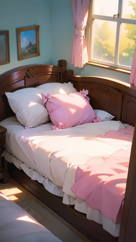 ((Masterpiece,Best quality,modern)), Screen description：On a warm summer afternoon，Sunlight streams through the windows into a spacious and bright bedroom。The walls inside the bedroom are decorated in soft pink，On the bed lay a white tulle quilt，On the bed...