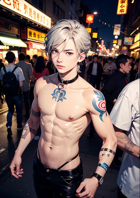 1boy,11 only、male ,silber hair、 Collar,tattooed、Upper body naked、Leather pants、Moon Night 、Chinatown、Lots of neon、traffic jam、Large crowds,hightquality、masutepiece,8K,