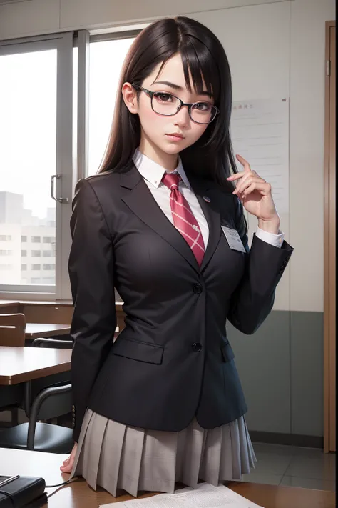 A dark-haired　eye glasses　Mini Uniform　chairman　Unyonyō　female high-school student