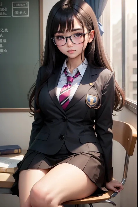 A dark-haired　eye glasses　Mini Uniform　chairman　Puni Puni　female high-school student