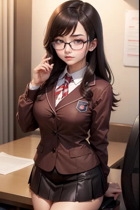 A dark-haired　eye glasses　Mini Uniform　chairman　Pudding　female high-school student