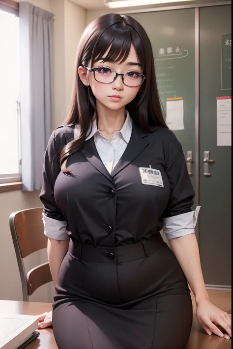 A dark-haired　eye glasses　Mini Uniform　chairman　Muchimuchi　Plump　female high-school student