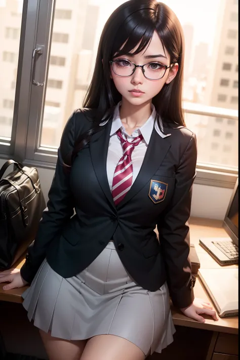 A dark-haired　eye glasses　Mini Uniform　chairman　Tsundere　female high-school student