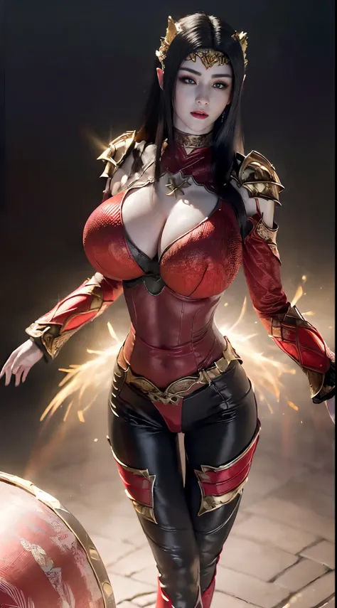 Solo, 1 Beautiful Female, Wuxia World, head ornament, (1 Girl), (full figure:1.5), (Full red golden Armor:1.4), (skintight leggings:1.5), (standing:1.3), (huge fake breasts, round breasts:1.5), (muscle abs:1.2), (black hair:1.5), (big buttock:1.1), (shiny ...