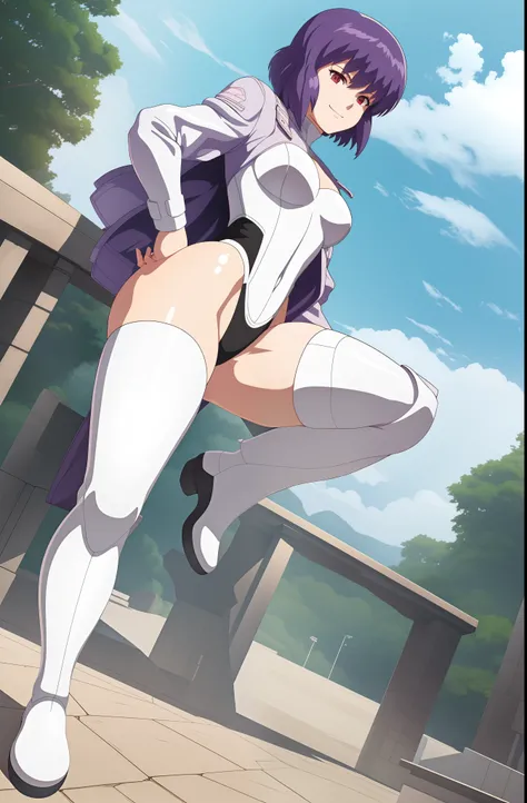 soft lighting, best quality, scenic background, detailed shading, outdoors, low angle, wide stance, hand on hip, cloudy, motoko kusanagi, 1girl, white high thigh leotard, white thighboots, jacket,  focused expression,smile, full body